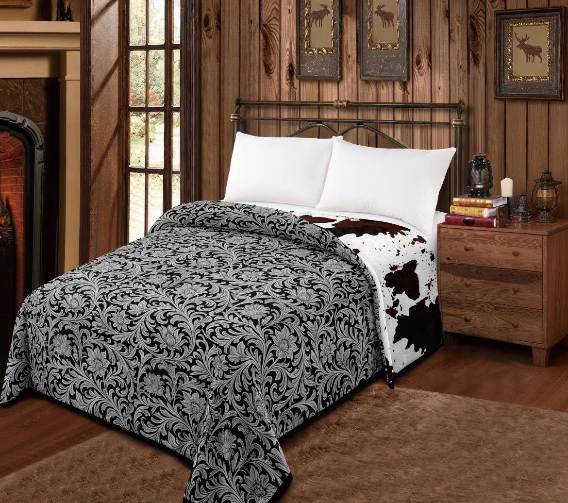 GREY FLORAL AND COWPRINT REVERSIBLE MIA BLANKET - KING SIZE Blanket