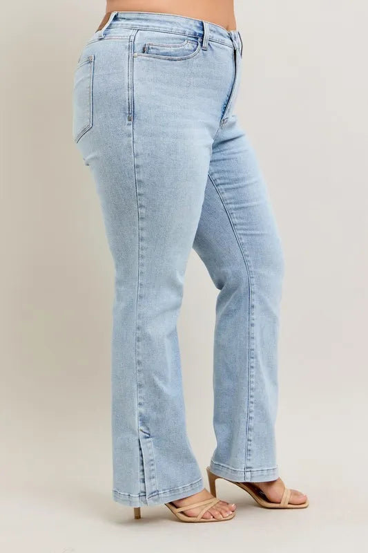 Judy Blue Full Size Tummy Control Vintage Wash Side Slit Slim Boot Jeans Plus Size Judy Blue Denim