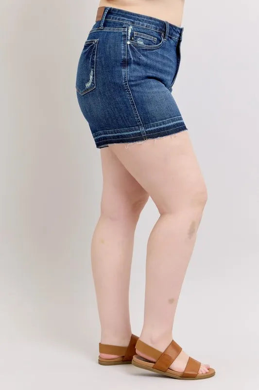Judy Blue Plus Size HW Tummy Control Destroy Release Hem Denim Shorts