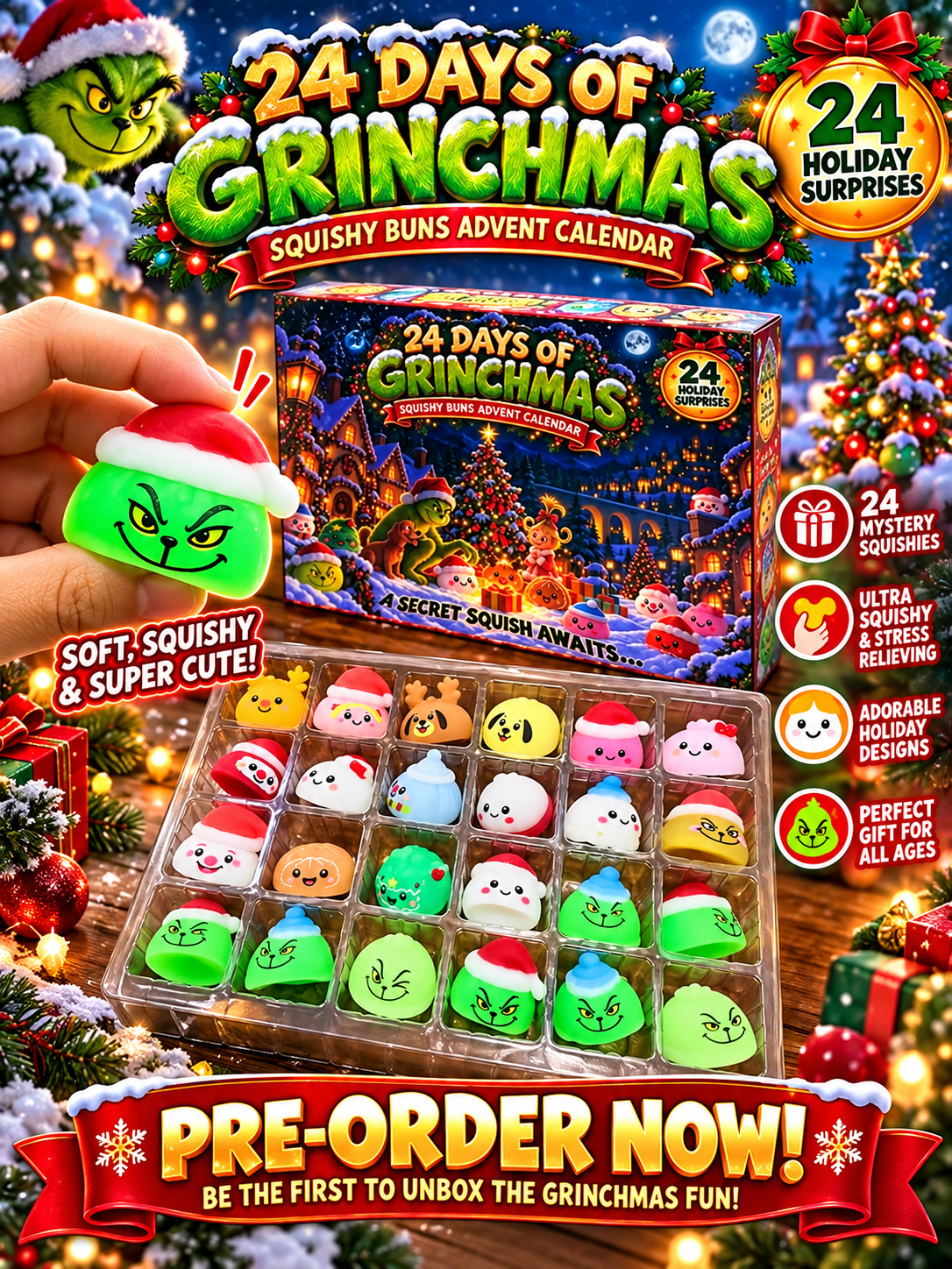 PREORDER ITEM (SEE DETAILS) - 24 DAYS OF GRINCHMAS SQUISHY BUNS ADVENT CALENDAR advent calendar