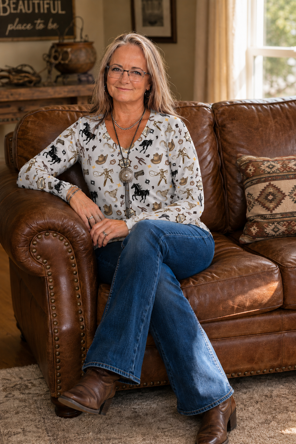 WESTERN PRINT LONG SLEEVE TOP - BAHA RANCH