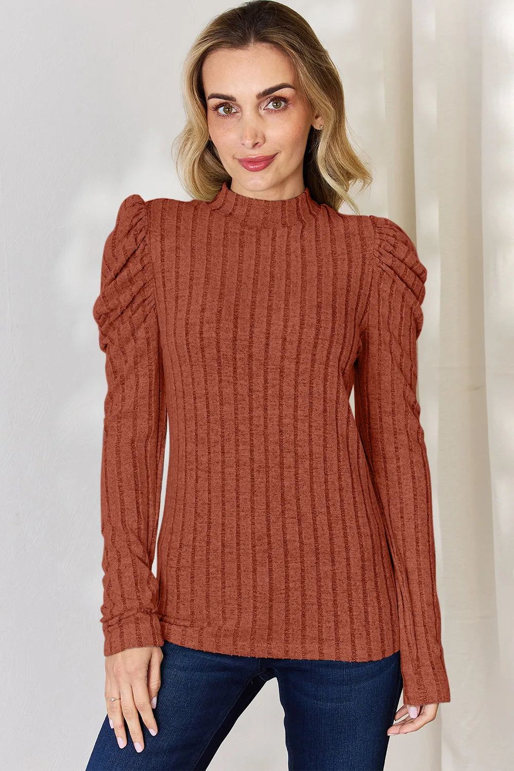 BASIC BAE RIBBED MOCK NECK PUFF SLEEVE T-SHIRT TOP