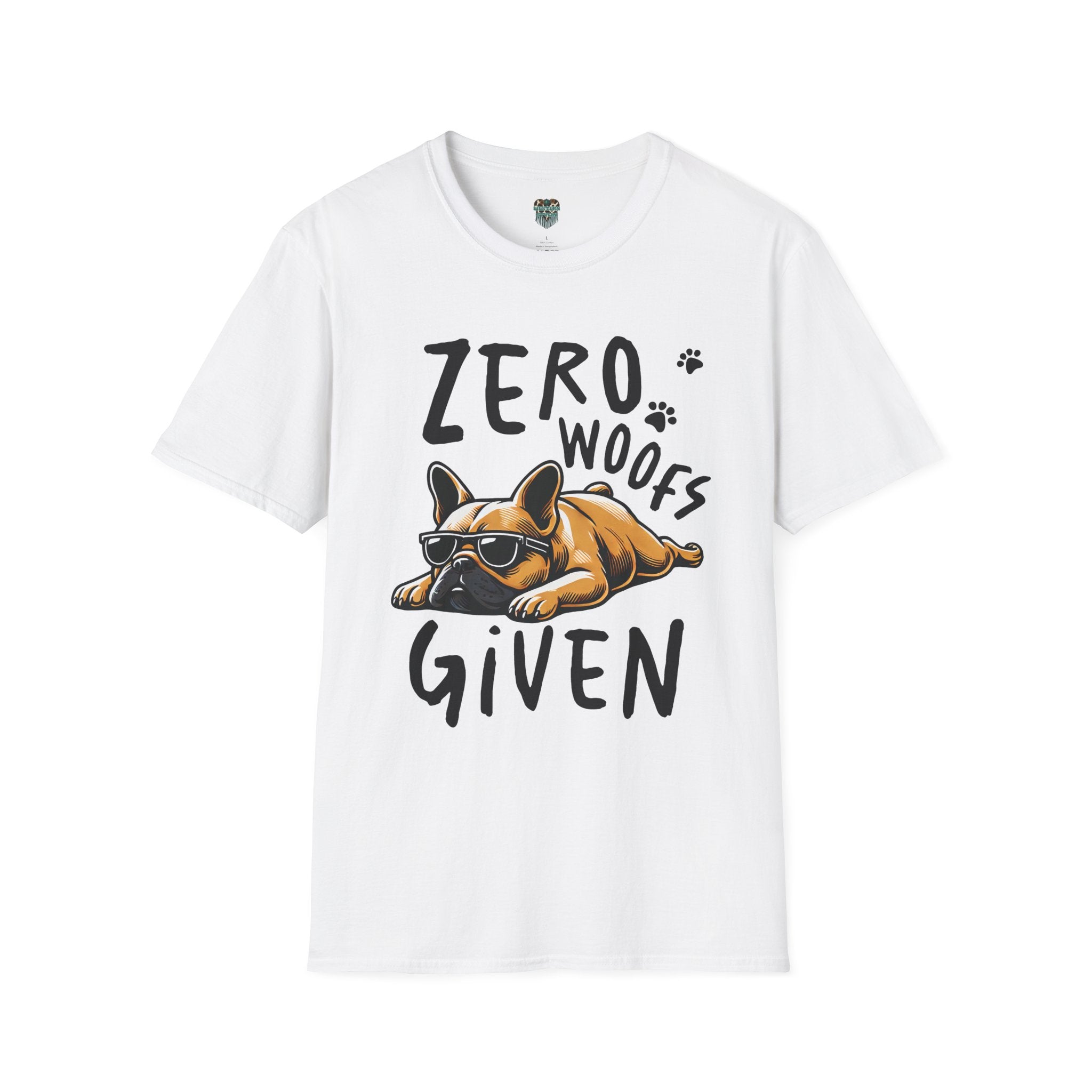 White t-shirt with a dog graphic and text 'Zero Woofs Given' on a white background
