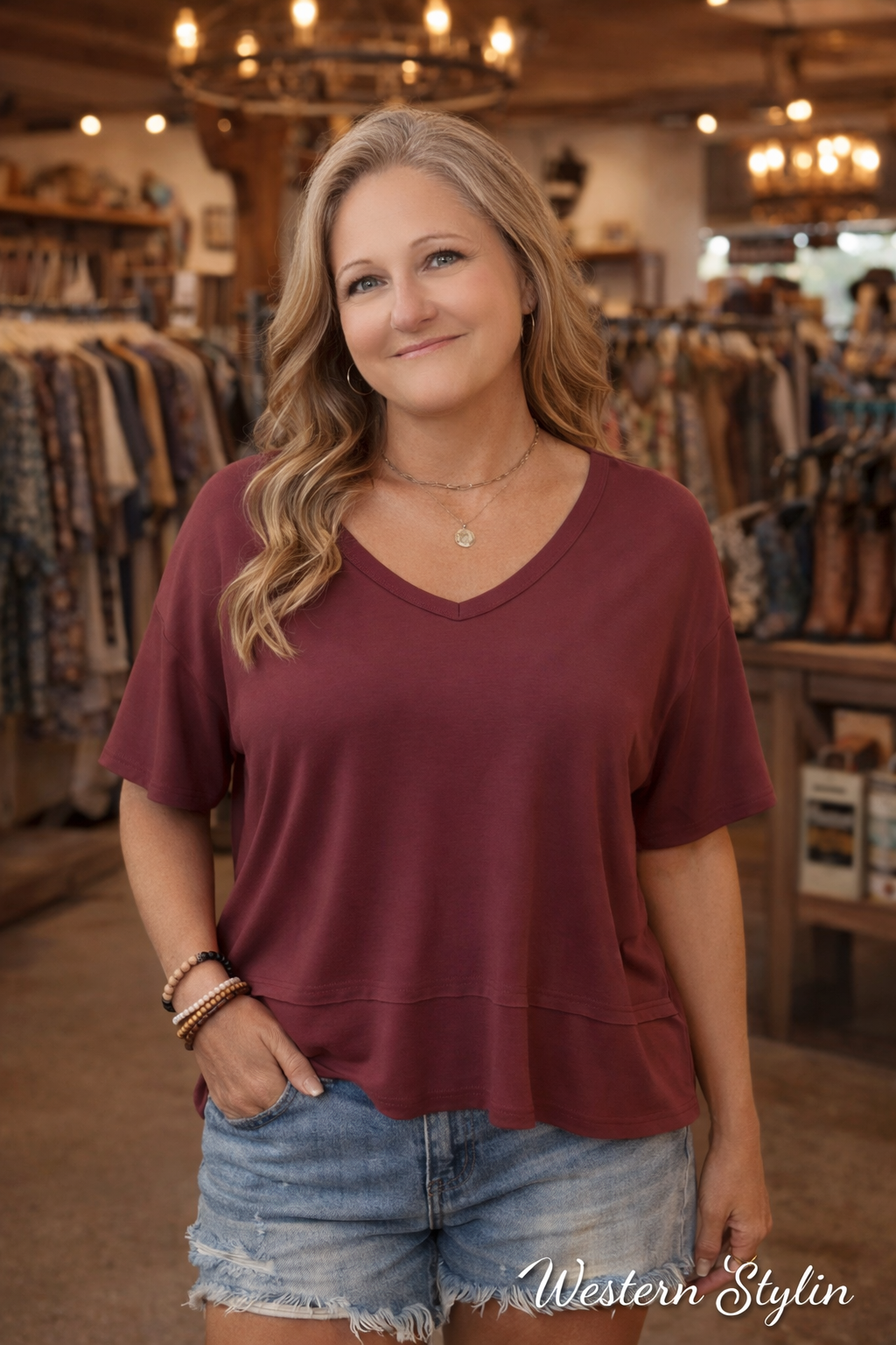 V-NECK RELAXED FIT SOLID COLOR T-SHIRT TOP