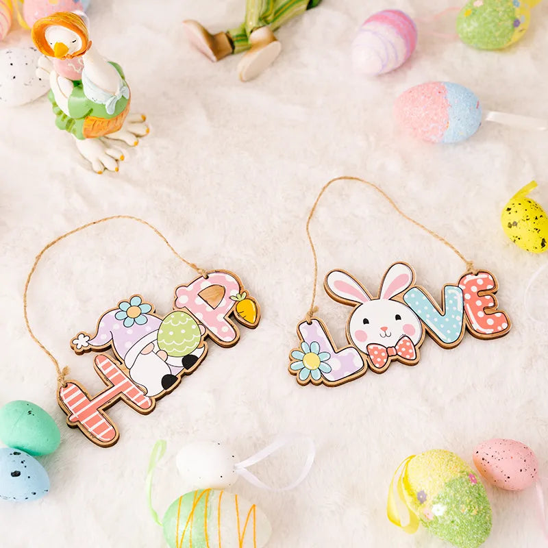 Decorative Easter signs with 'Hope' and 'Love' on a soft white background with Easter eggs and bunnies.