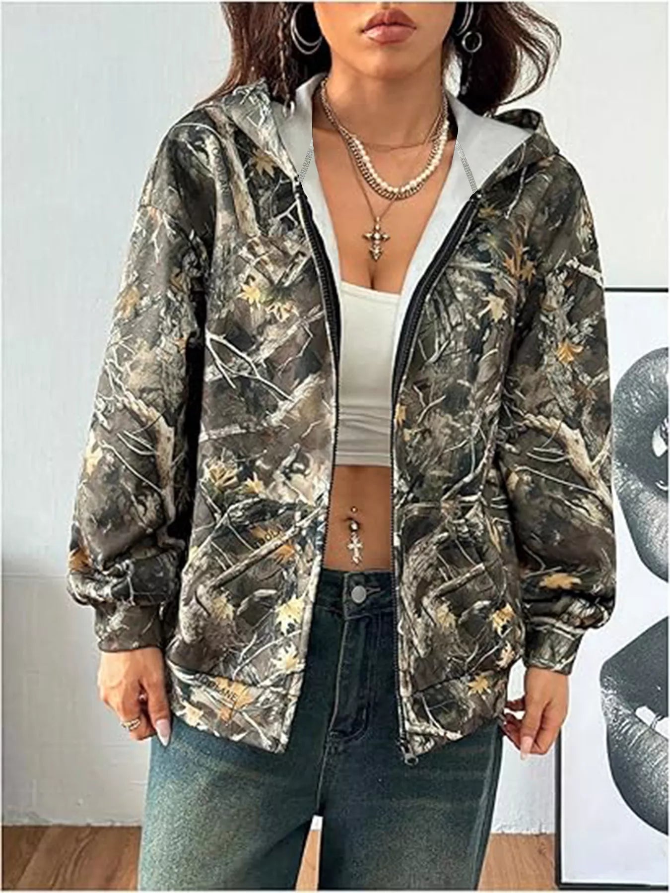 VINTAGE MOSSY OAK PRINTED ZIP UP HOODIE