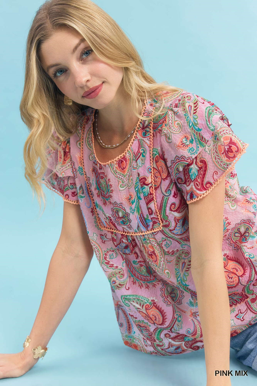 UMGEE MIX PAISLEY RUFFLE SLEEVE TOP Tops