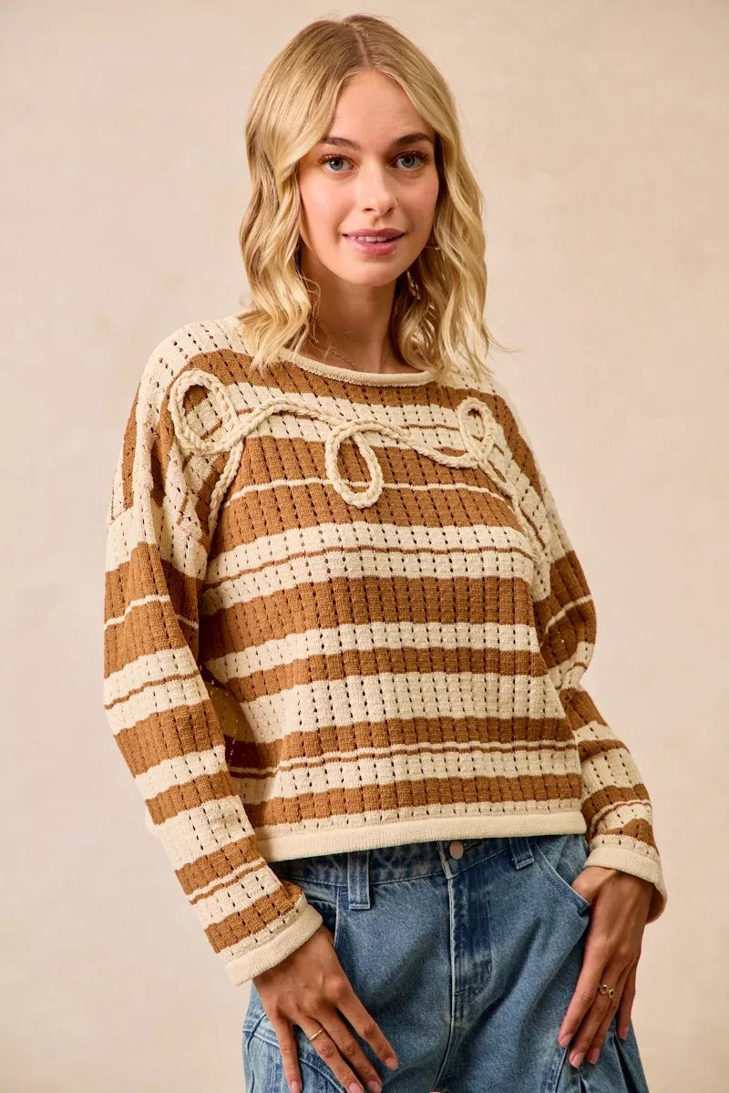 BIBI STRIPED OPEN KNIT SWEATER TOP WITH FRONT BRAIDED DETAIL Long Sleeve Top