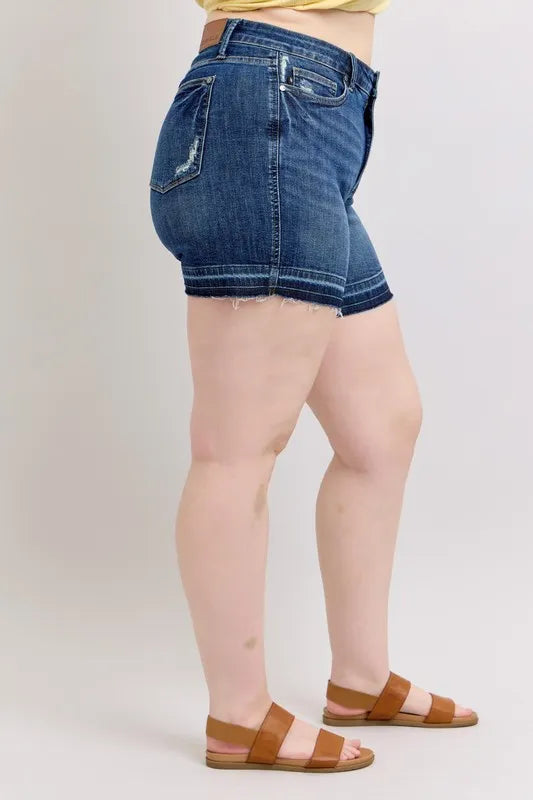 Judy Blue Plus Size HW Tummy Control Destroy Release Hem Denim Shorts