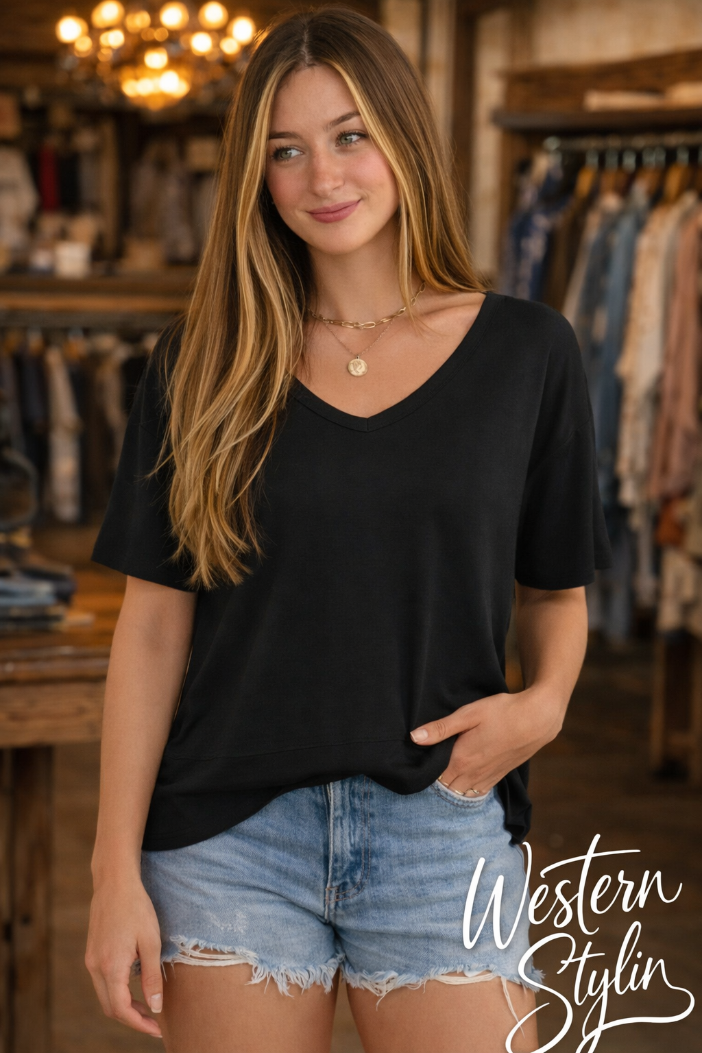 V-NECK RELAXED FIT SOLID COLOR T-SHIRT TOP