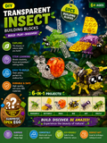 Promotional graphic for a DIY transparent insect building blocks set, showing assembled toy insects in green, yellow, purple, and orange against a dark starry sky background, with text highlighting 6-piece building blocks, 6-in-1 projects, and a surprise egg.