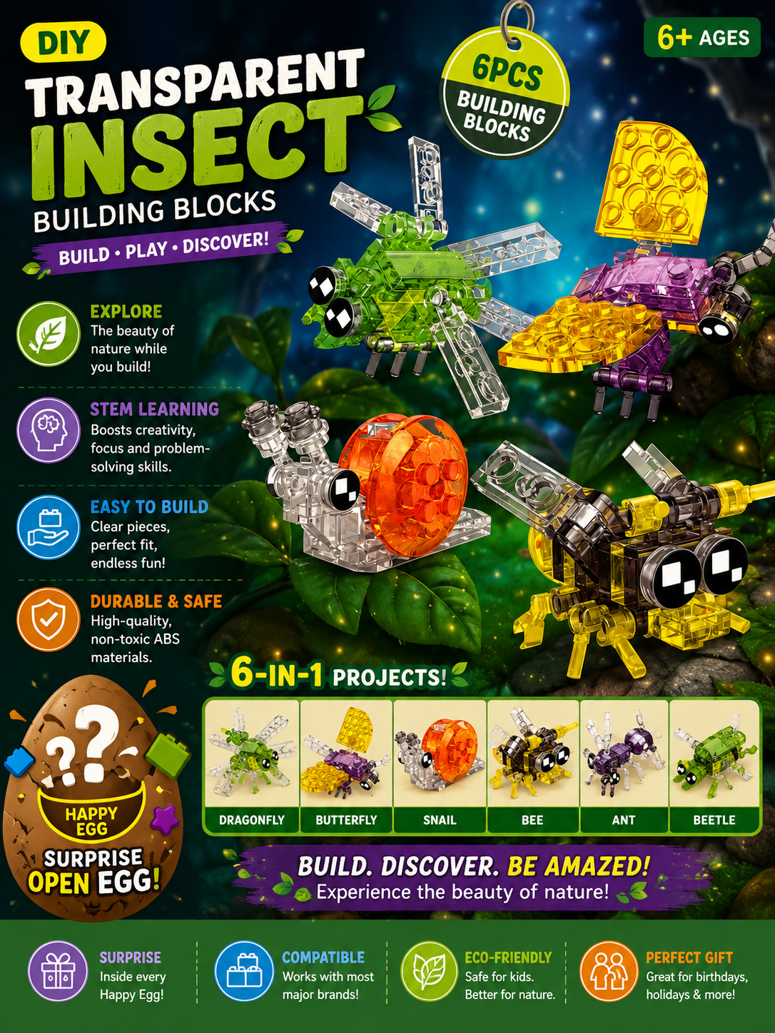 Promotional graphic for a DIY transparent insect building blocks set, showing assembled toy insects in green, yellow, purple, and orange against a dark starry sky background, with text highlighting 6-piece building blocks, 6-in-1 projects, and a surprise egg.