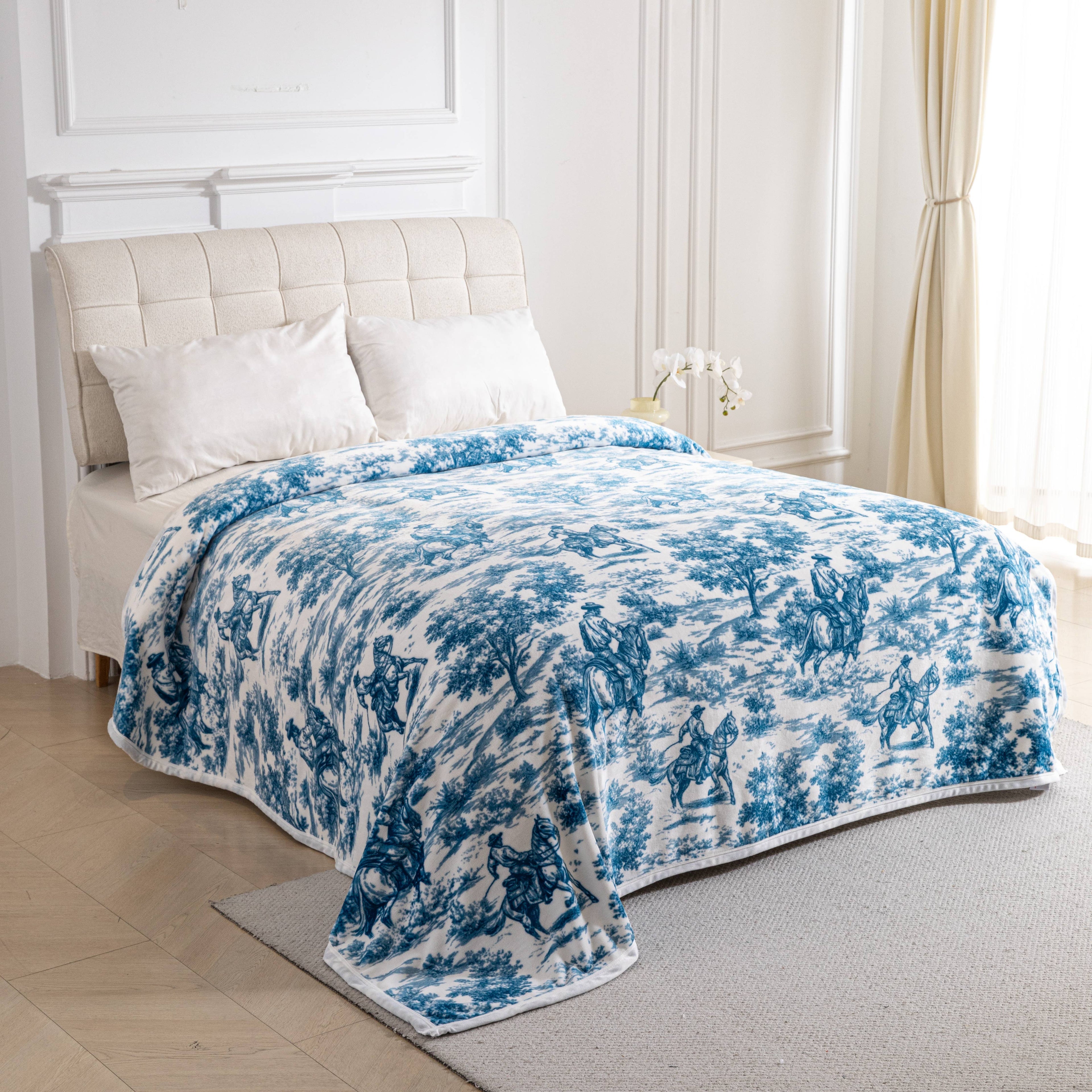 Blue Toile Cowboys Print King Size Super Soft Plush Blanket