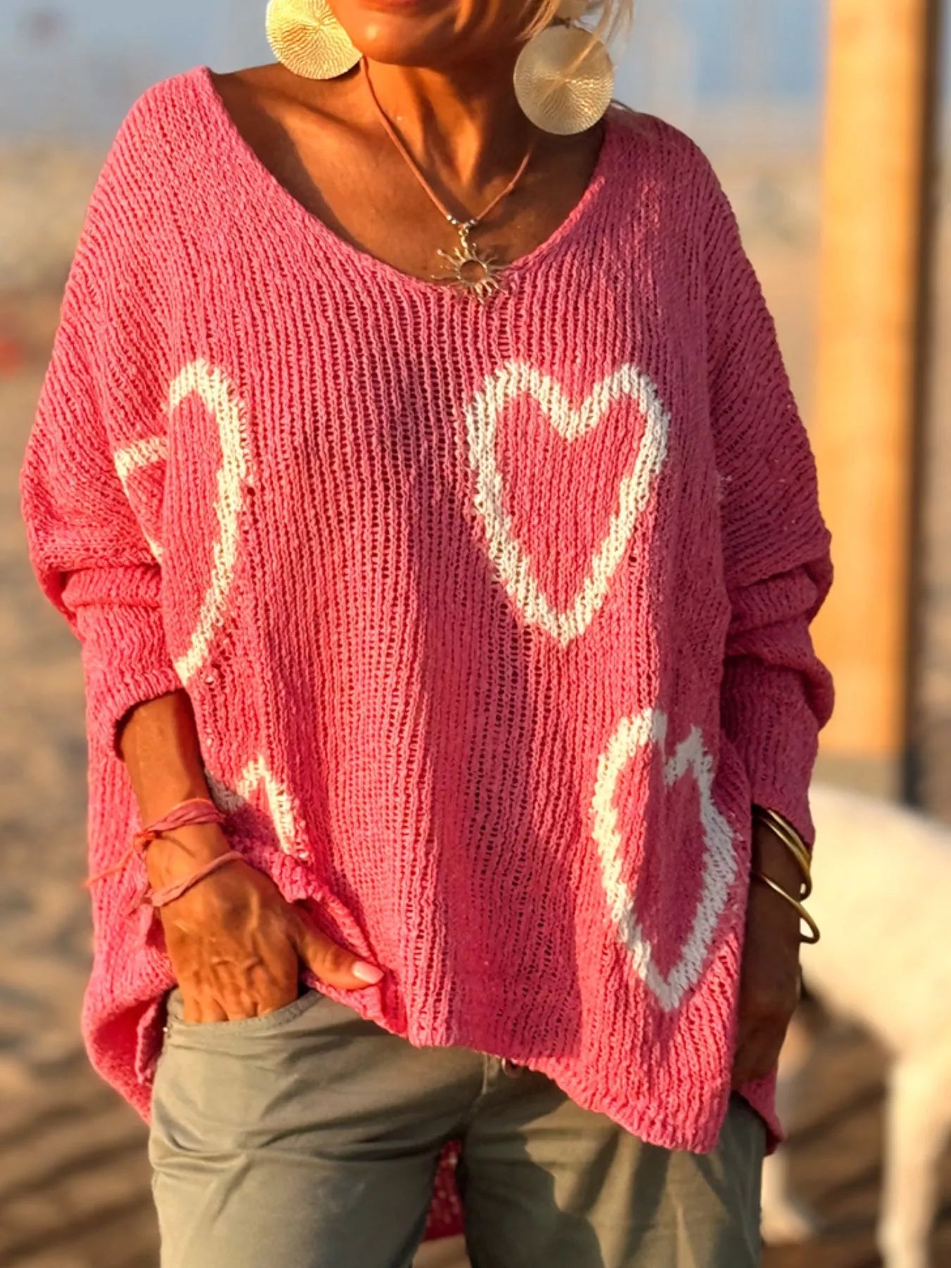 HEART V-NECK DROPPED SHOULDER SWEATER Sweaters