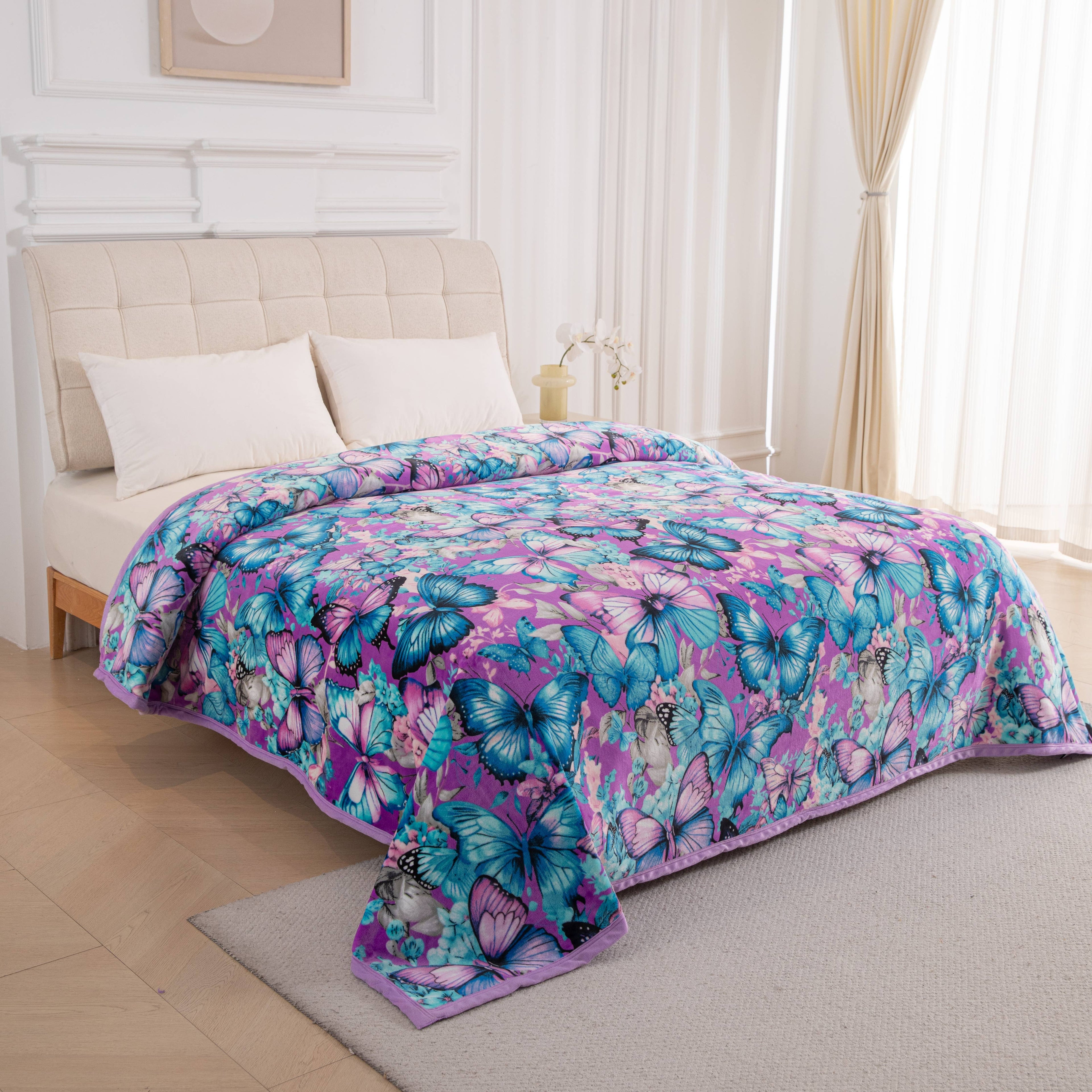 PURPLE AND BLUE BUTTERFLY SUPER KING SIZE SOFT PLUSH BLANKET Blanket