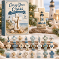 Carry Your Cross Advent Calendar set displayed with its illustrated box, a large lighthouse cross ornament, and multiple small decorative crosses featuring nautical designs like anchors, starfish, boats, shells, and hearts, arranged on a beach-themed backdrop with pine branches and a lighthouse photo in the background.
