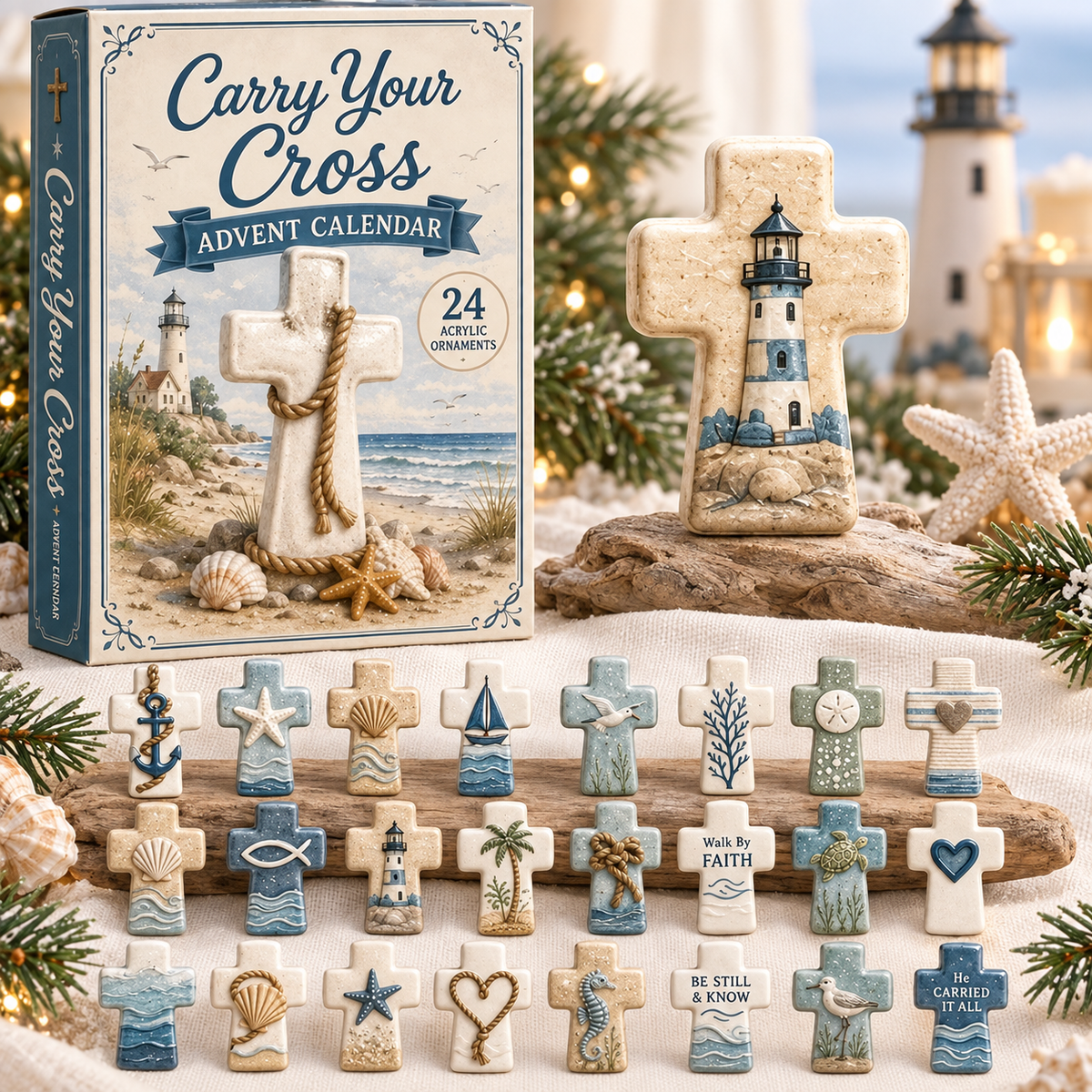 Carry Your Cross Advent Calendar set displayed with its illustrated box, a large lighthouse cross ornament, and multiple small decorative crosses featuring nautical designs like anchors, starfish, boats, shells, and hearts, arranged on a beach-themed backdrop with pine branches and a lighthouse photo in the background.