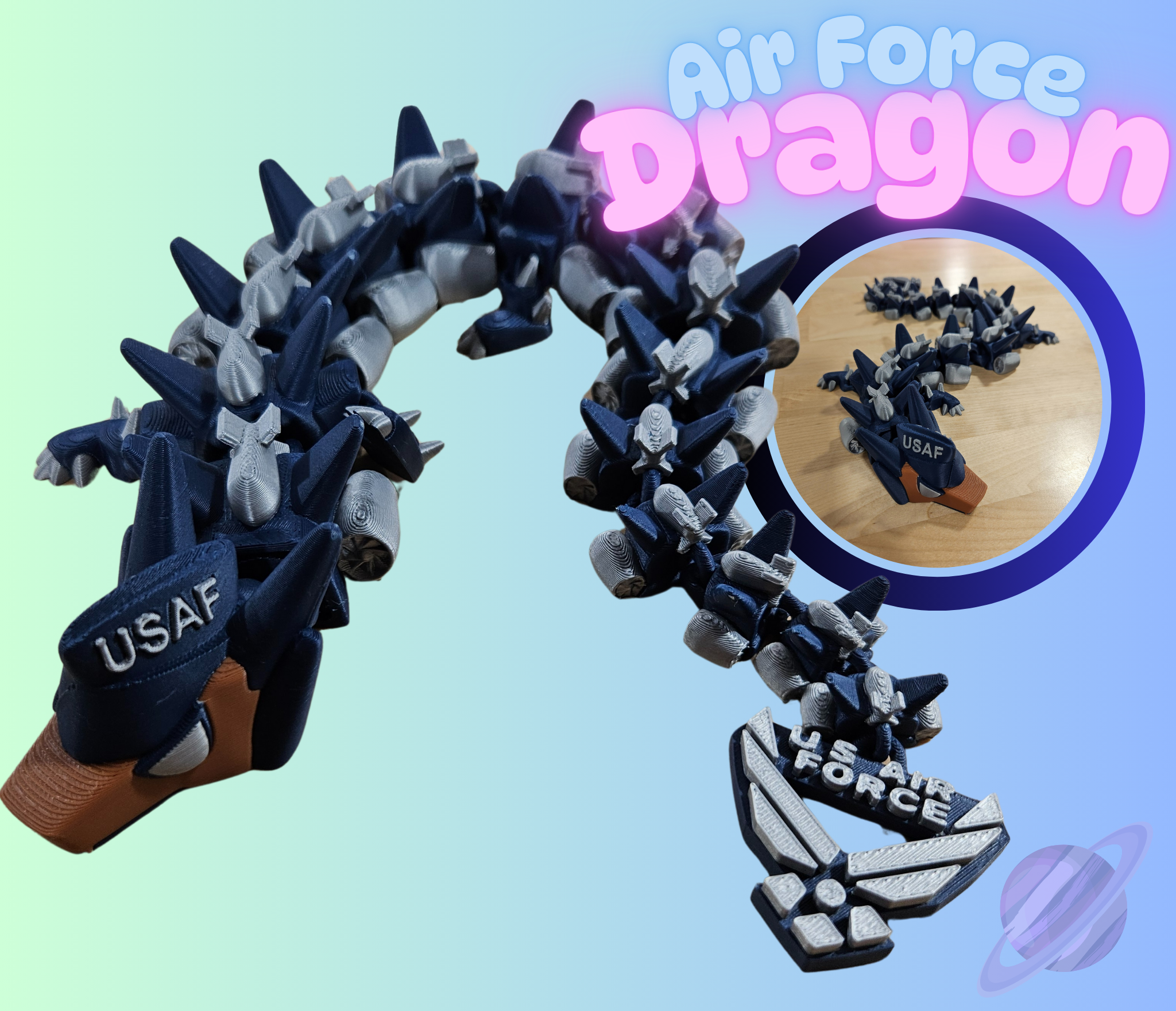 Toy dragon with USAF branding on a light blue background