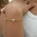 STAINLESS STEEL STONE HEART PAPER CLIP LINK CHAIN BRACELET - GOLD OR SILVER