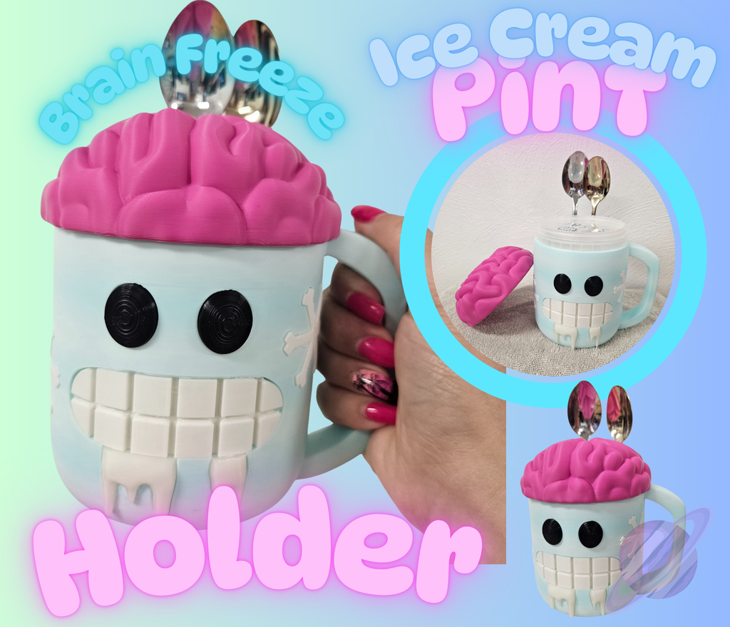 Brain-shaped ice cream pint holder with pink top and black eyes, held by a hand.