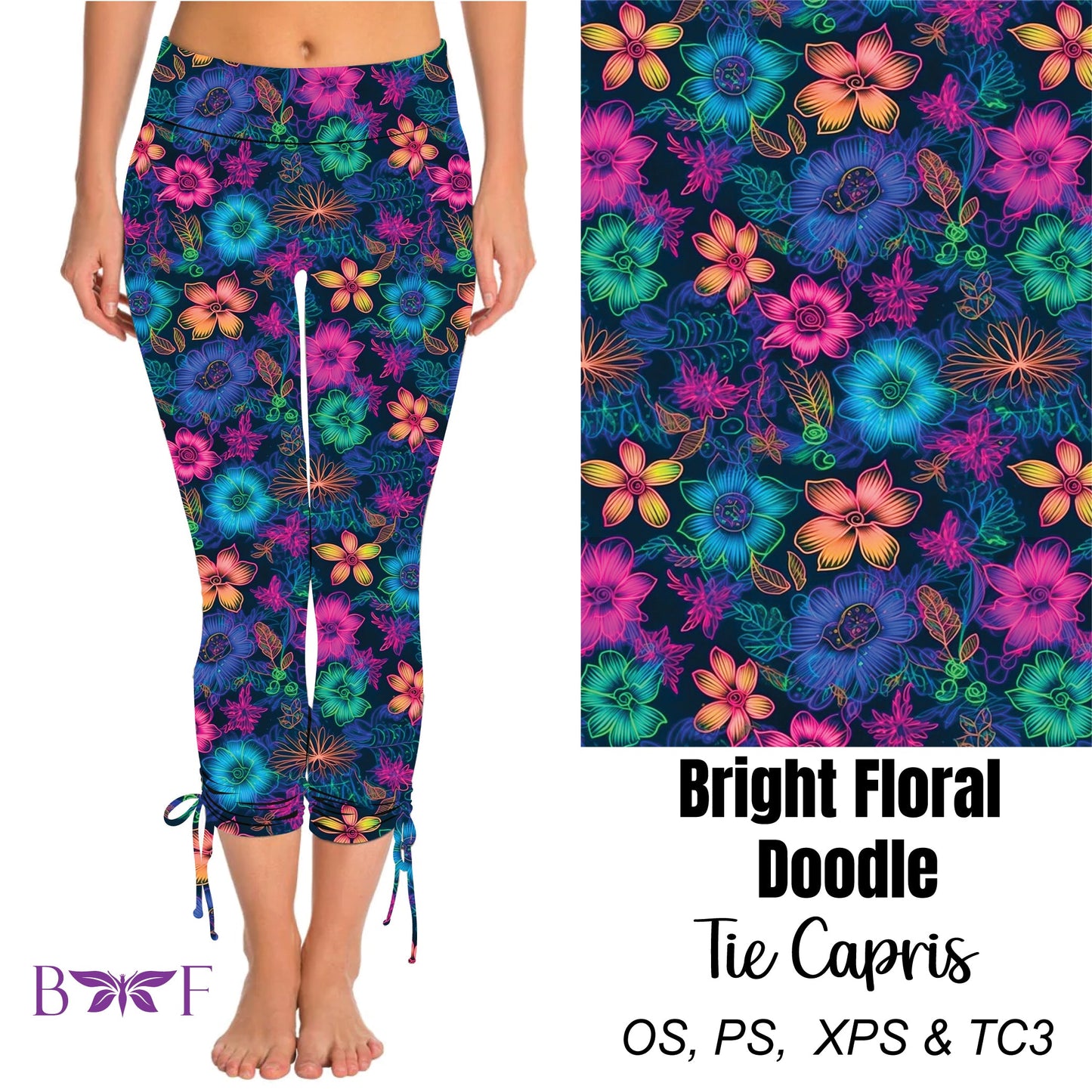 Bright Floral Doodle Side Tie Capris