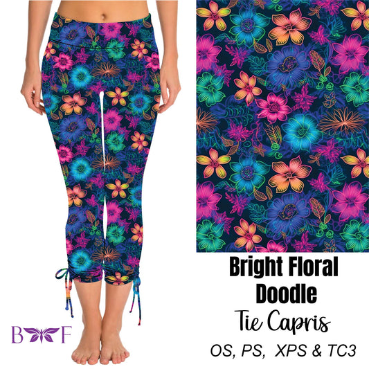 Bright Floral Doodle Side Tie Capris and Biker Shorts