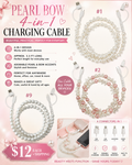A promotional product graphic for a pearl-bow 4-in-1 charging cable set. The image shows multiple coiled cable bundles labeled #1 through #9, each decorated with white faux pearls and pink bow accents, alongside text describing features, pricing, and included connector types.