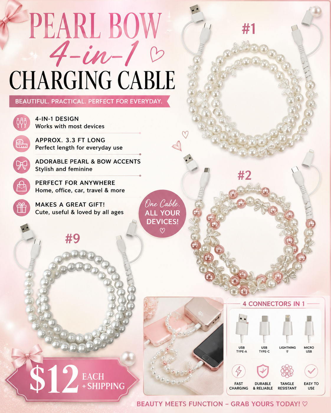 A promotional product graphic for a pearl-bow 4-in-1 charging cable set. The image shows multiple coiled cable bundles labeled #1 through #9, each decorated with white faux pearls and pink bow accents, alongside text describing features, pricing, and included connector types.