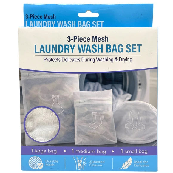3-piece mesh laundry wash bag set packaging with bags inside