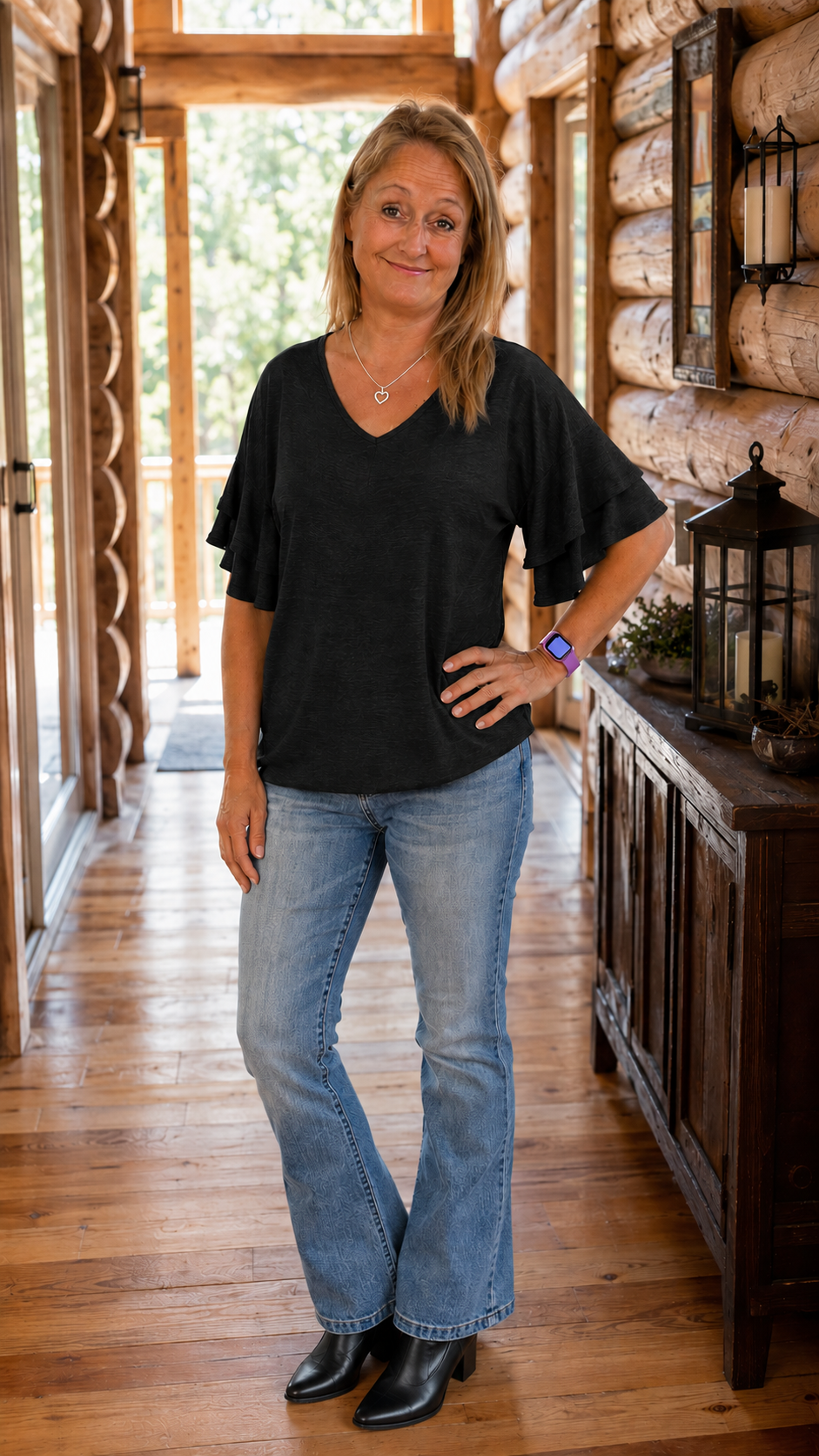 THE ELIZABETH RUFFLE SLEEVE V-NECK TOP - SO FLATTERING!