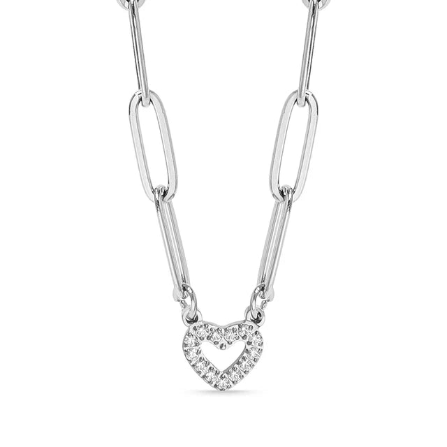 STAINLESS STEEL STONE HEART PAPER CLIP STYLE NECKLACE - GOLD AND SILVER Necklace