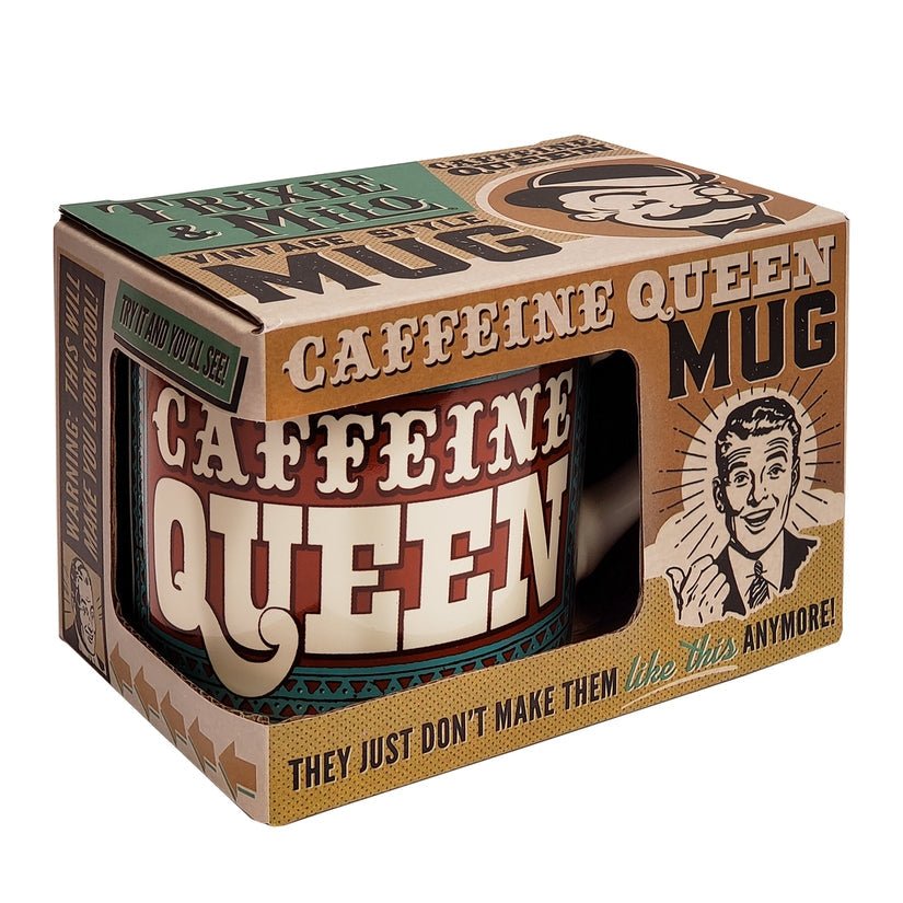Caffeine Queen mug in packaging with vintage-style design