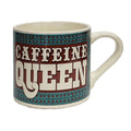 Mug with 'CAFFEINE QUEEN' text on a patterned background