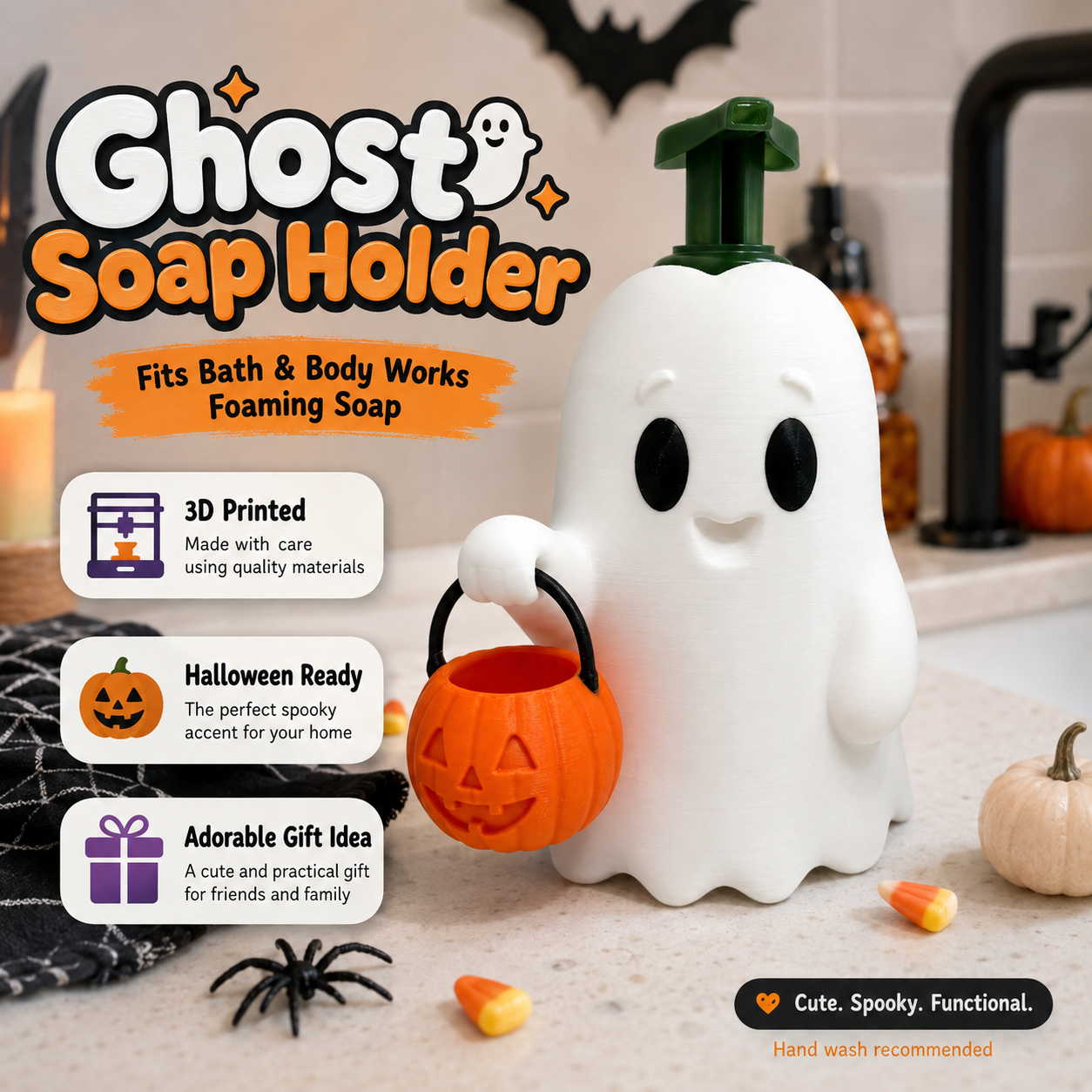 A ghost-shaped pump soap holder on a kitchen counter, holding a small orange jack-o'-lantern bucket. The scene includes Halloween decorations, pumpkins, candy corn, and text callouts about 3D printing, suitability for bath & body foaming soap, and being a Halloween-ready gift idea.