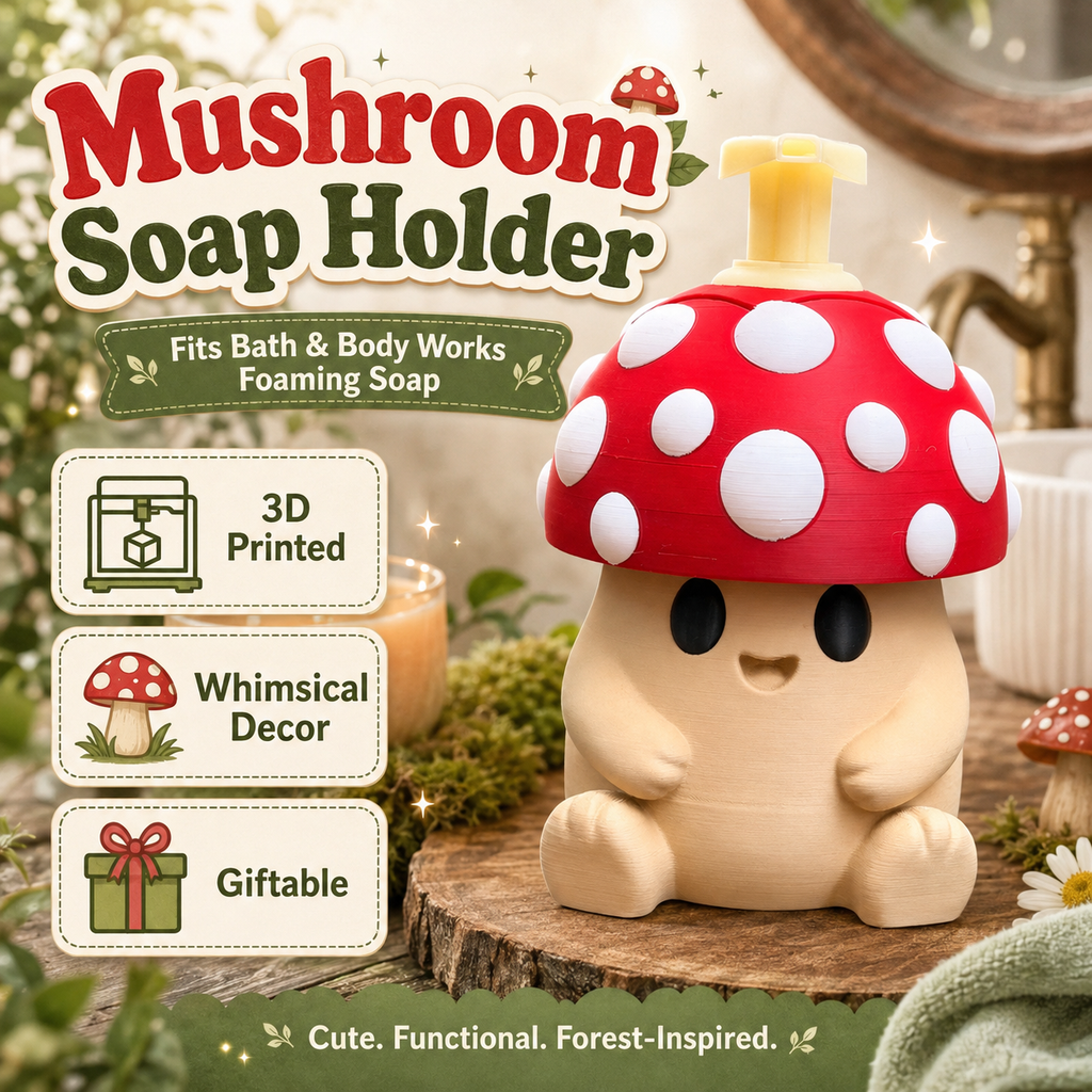 A mushroom-shaped bath and body foam soap holder displayed on a wooden surface with decorative forest-themed props. The product has a red cap with white polka dots, a beige body, and a small yellow foam pump on top.