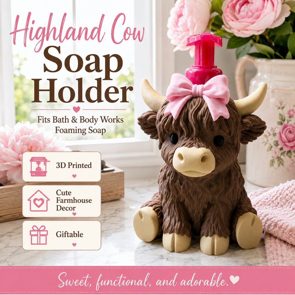 A Highland cow-shaped soap holder with a pink pump dispenser, decorated with a pink bow, set on a marble surface with flowers and a vase in the background. Text on the left highlights features like 3D printing, farmhouse decor, and giftability.