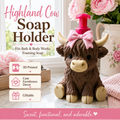 A Highland cow-shaped soap holder with a pink pump dispenser, decorated with a pink bow, set on a marble surface with flowers and a vase in the background. Text on the left highlights features like 3D printing, farmhouse decor, and giftability.