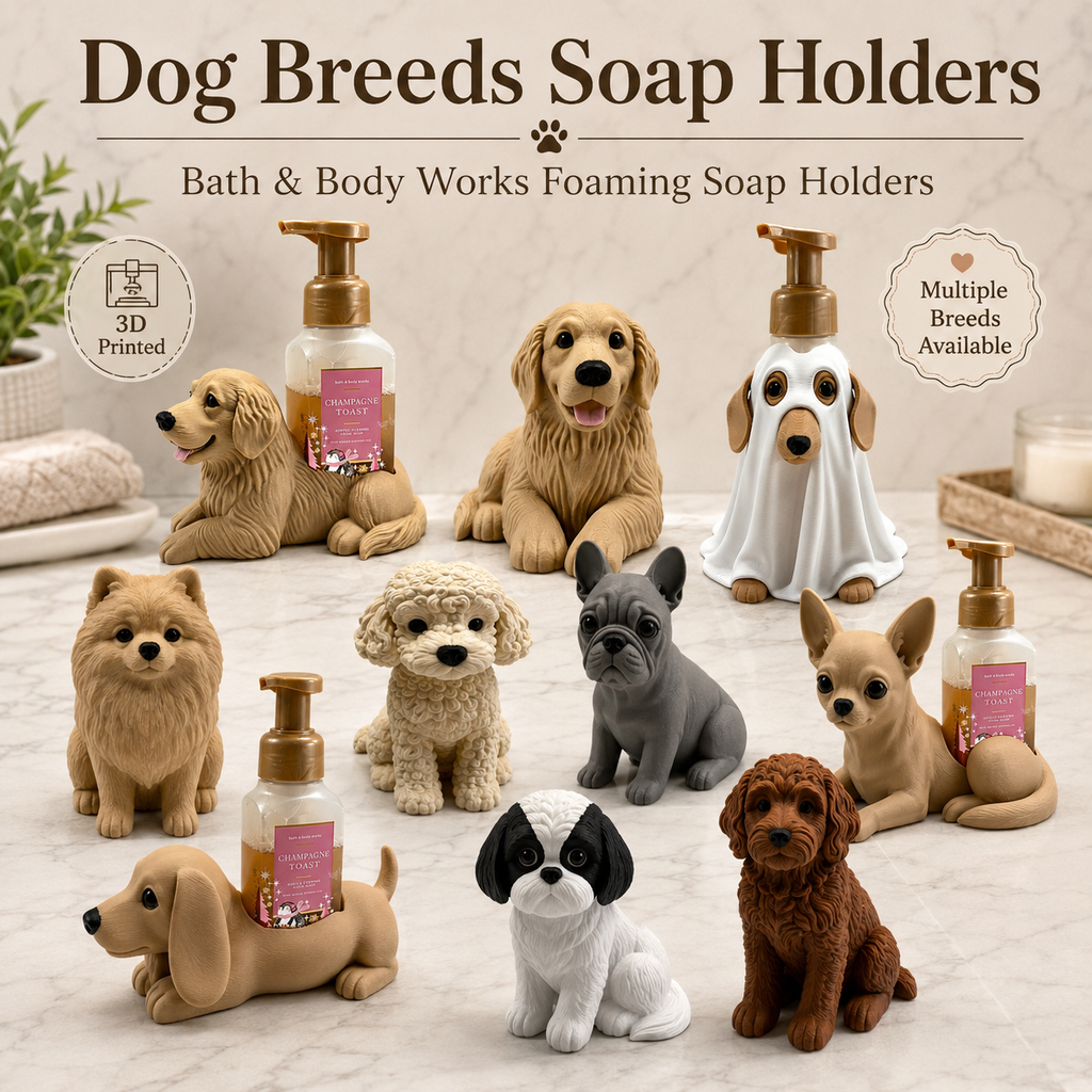 A set of dog breed soap holder bottles shaped like various small dogs, displayed alongside matching pump bottles on a marble surface with a soft indoor background. The collection includes breeds such as a golden retriever, poodle, French bulldog, chihuahua, dachshund, and others, with one holder shaped like a ghost.