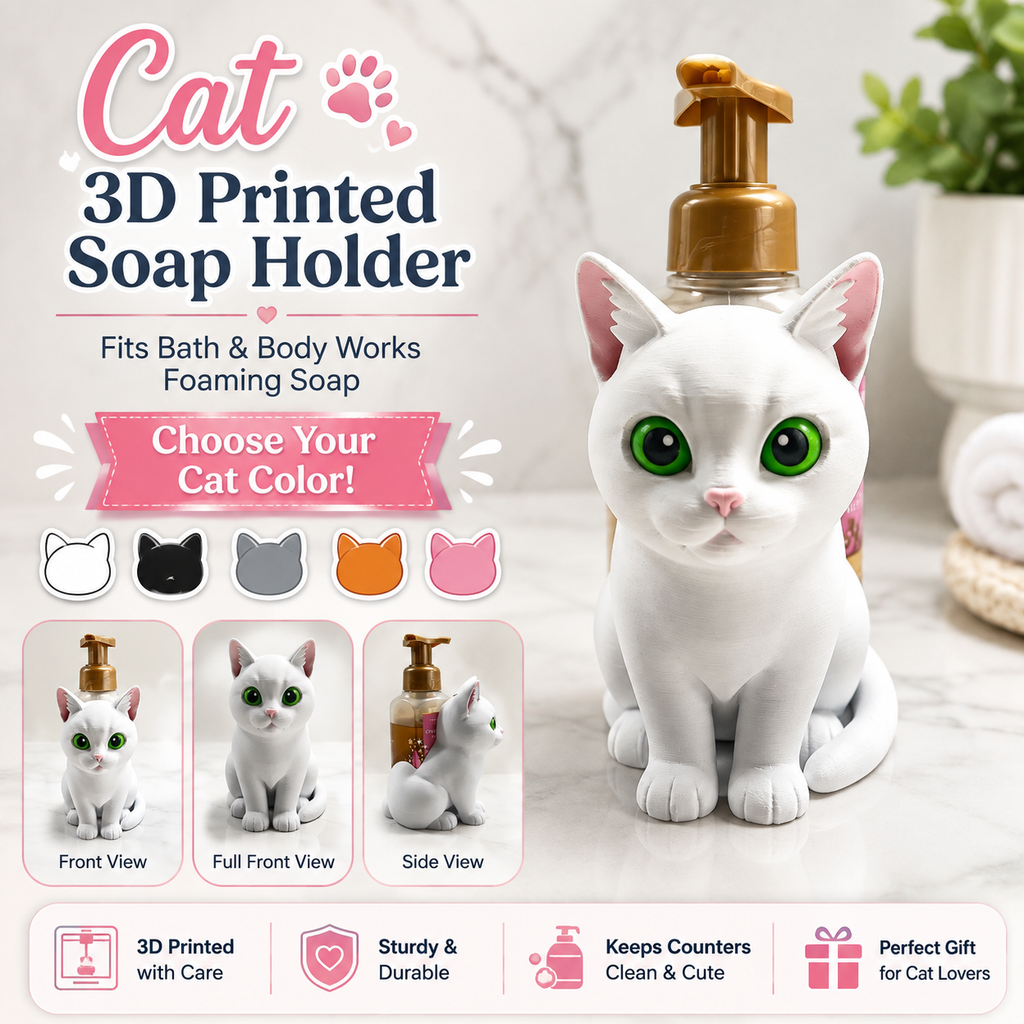 A 3D printed white cat-shaped soap holder with a gold pump dispenser, shown on a bathroom counter with text overlays and color options for the cat design.