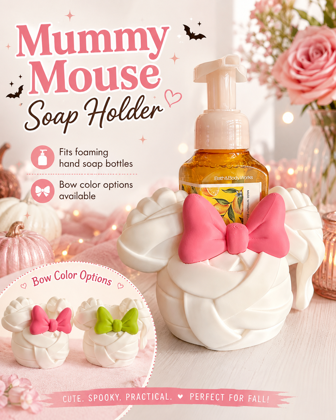 A white faux-fur styled mouse-head shaped soap holder with a large pink bow, shown holding a foaming hand soap bottle. The image includes promotional text reading 'Mummy Mouse Soap Holder,' icons noting foamable hand soap bottle fit and bow color options, and small product variants with pink and green bows.