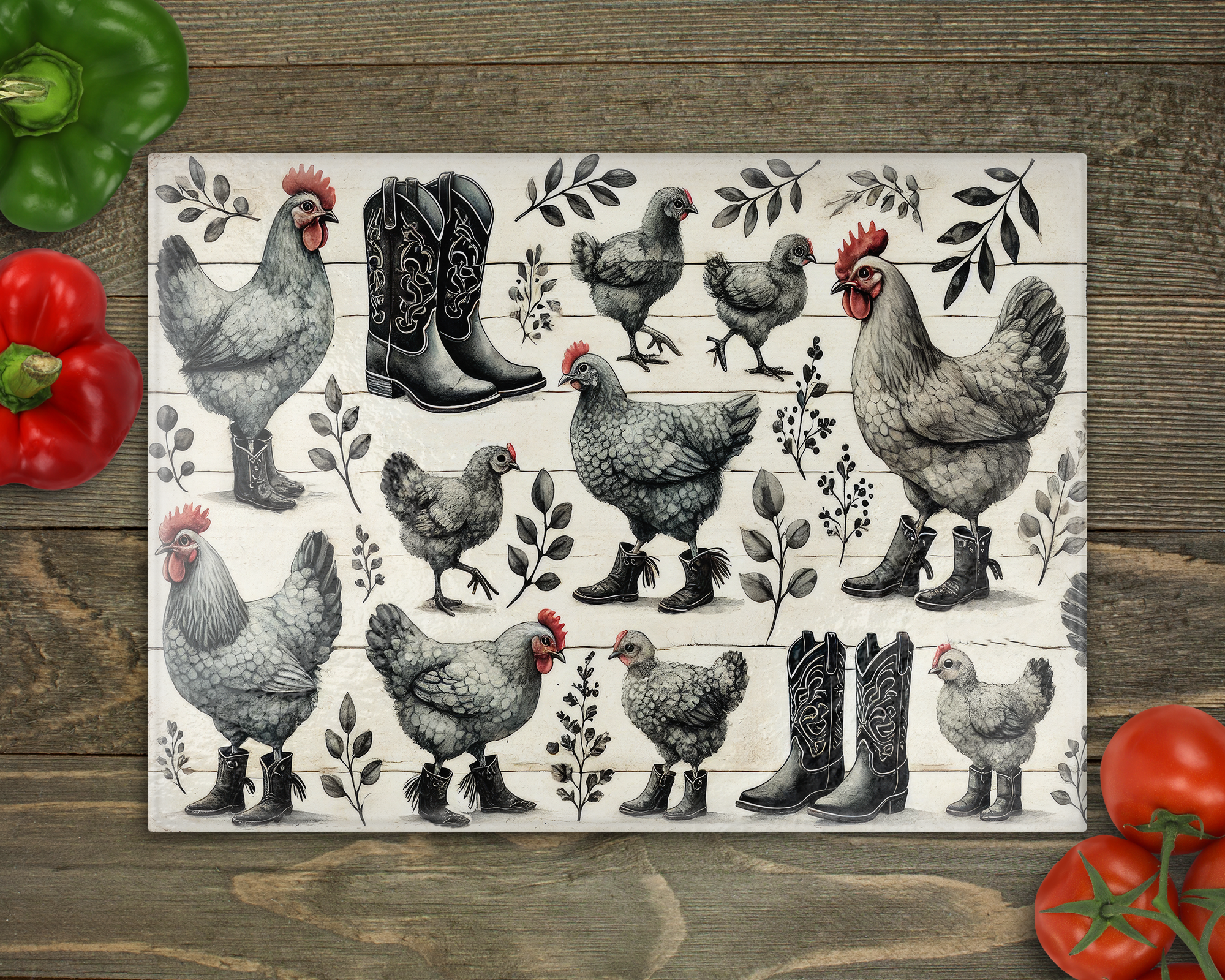 Chickens Boots Glass Cutting Board cutting board