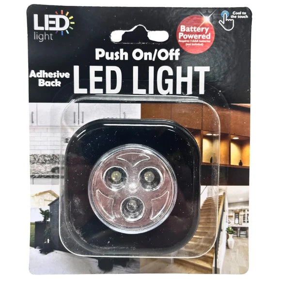 Push-on/off LED light with adhesive back packaging