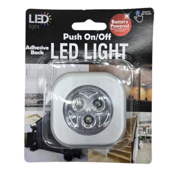 Push-on/off LED light in packaging with battery-powered label