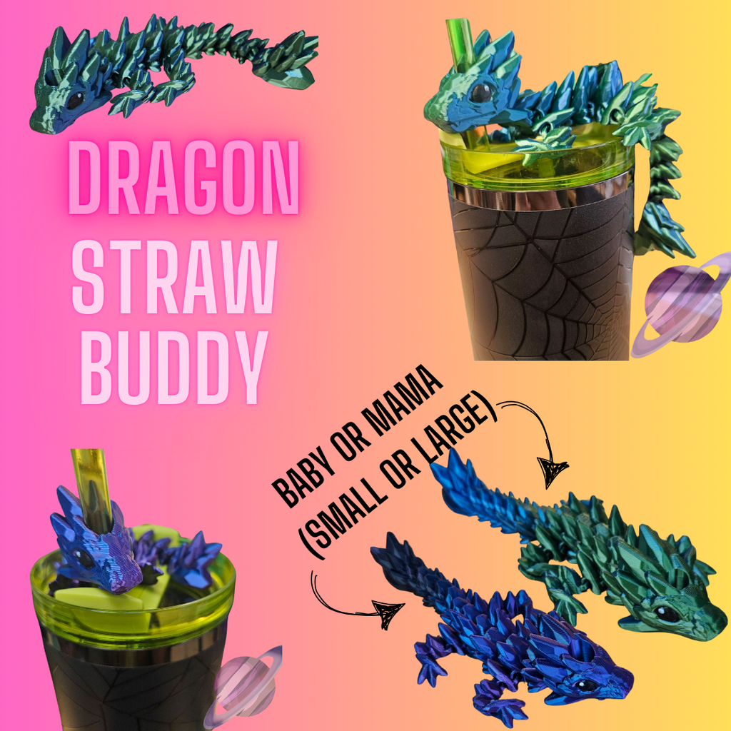Dragon straw buddy product with different sizes on a colorful background