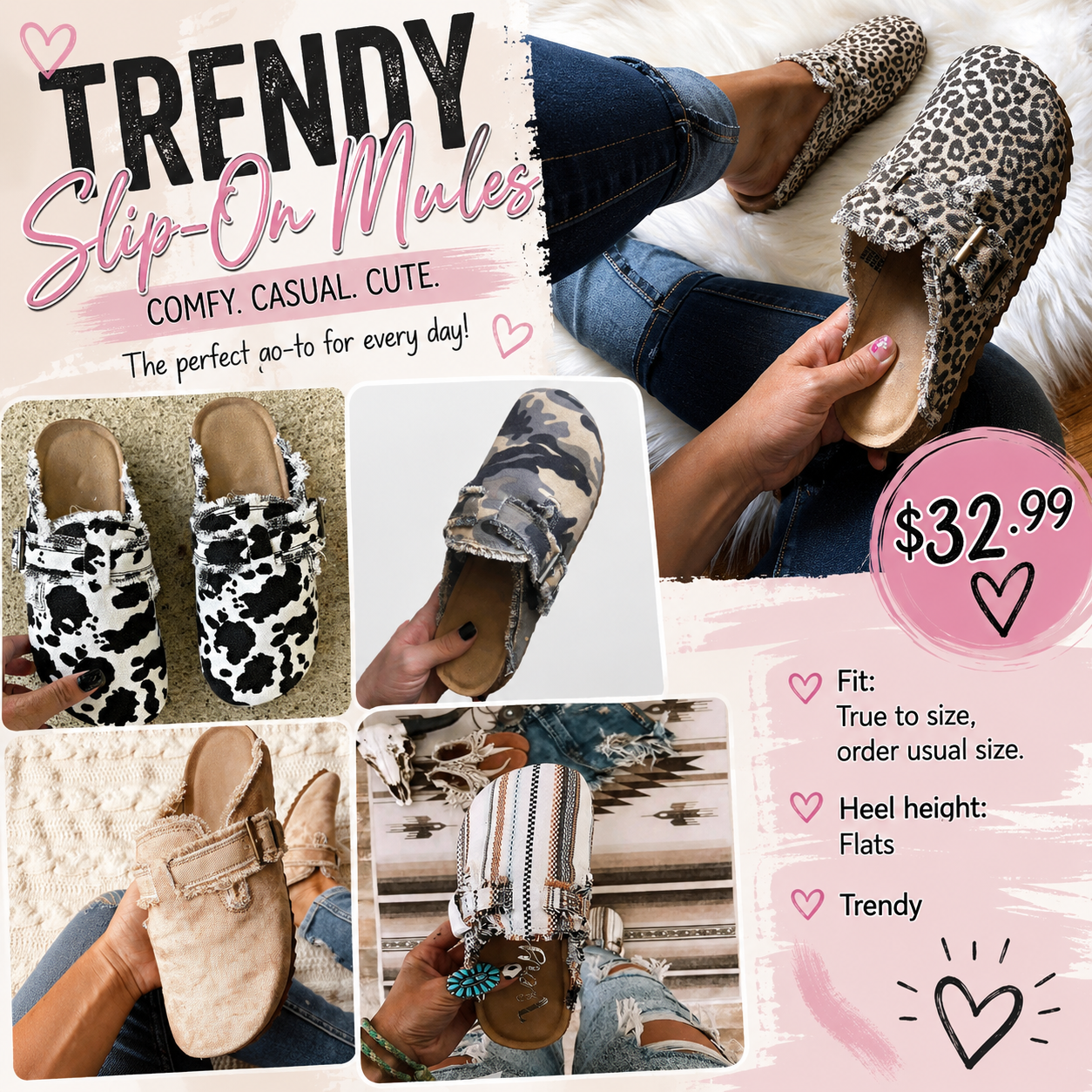 Trendy Women’s Slip-On Mules | Leopard, Cow Print & Camo Shoes shoes