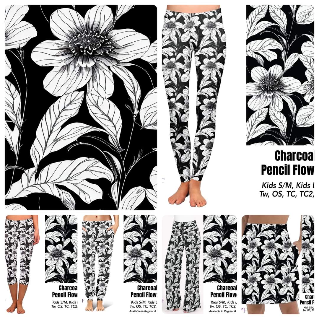 Charcoal Pencil Floral  capris and Skorts with pockets