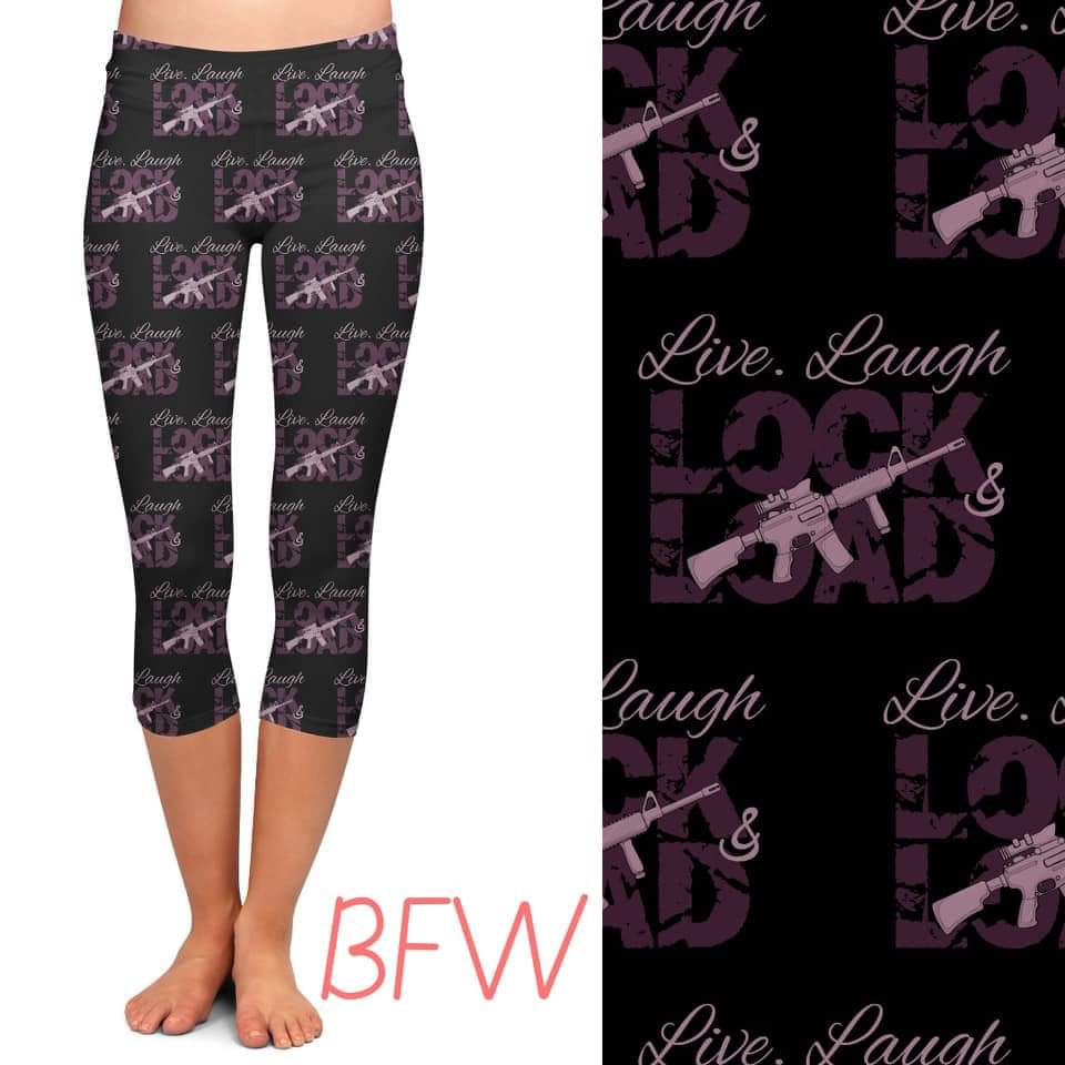 LIVE, LAUGH, LOCK & LOAD WITH POCKETS LEGGINGS, CAPRIS, SHORTS