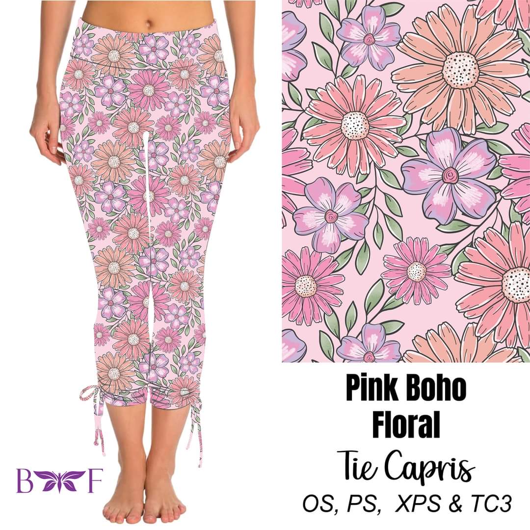 Pink Boho Floral side tie capris