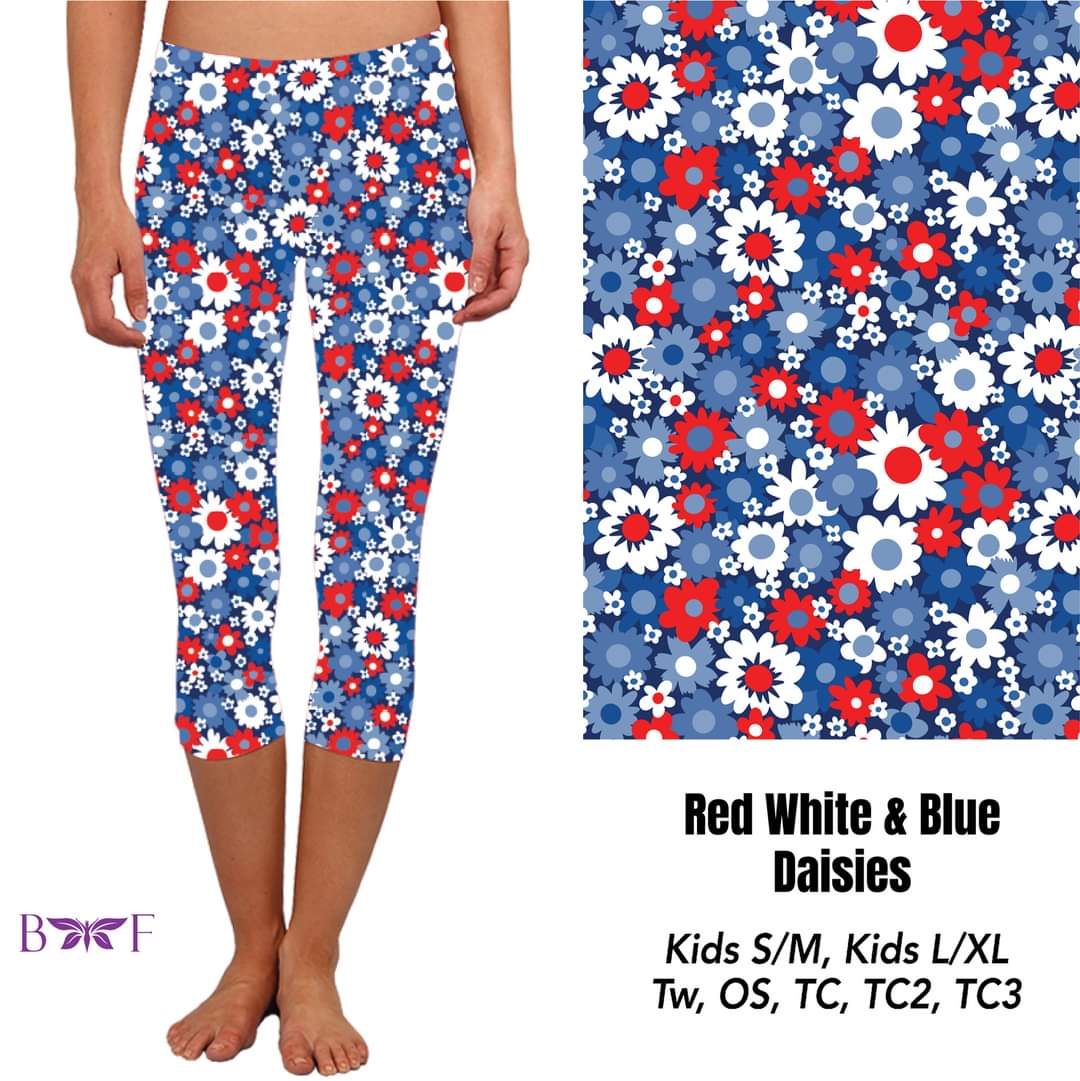 Red White and Blue Daisies Capris and skorts with pockets