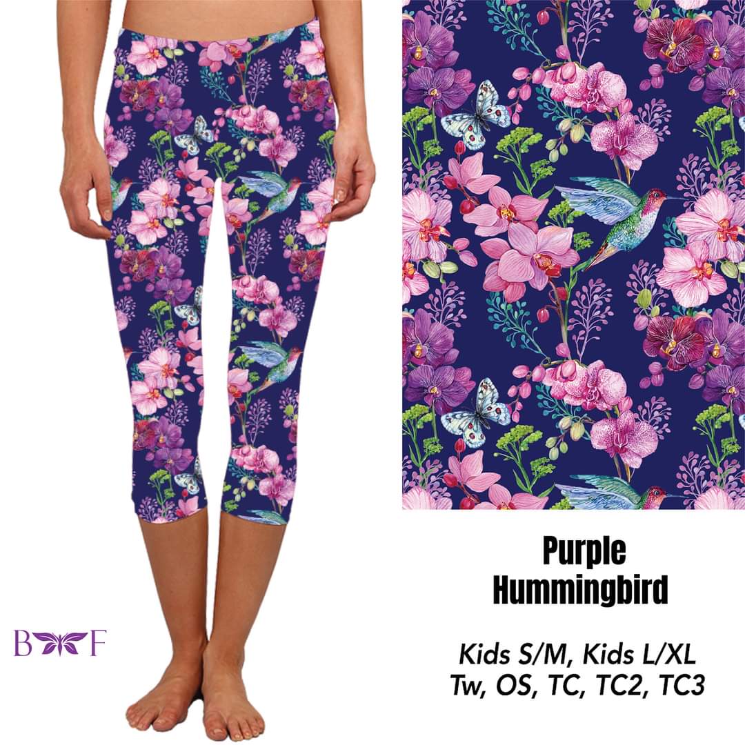 Purple Hummingbird skorts, capris and shorts with pockets